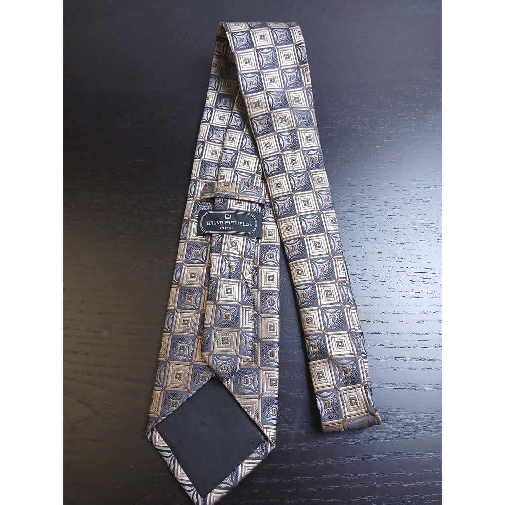 Bruno Piattelli Roma Mens Silk Tie Geometric Square Grey Silver Gold Hand Made